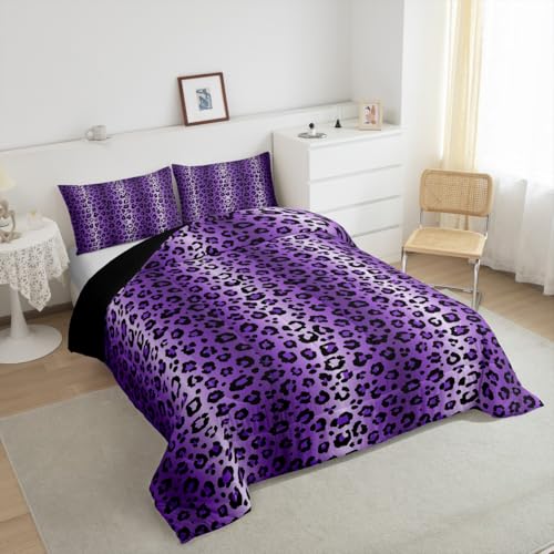 Image of Feelyou Purple Black Cheetah Comforter Set Queen Size, Boys Girls Leopard Bedding Set Safari Animal Fur Print Comforter Toddler Wildlife Duvet Set Bed Set 3Pcs