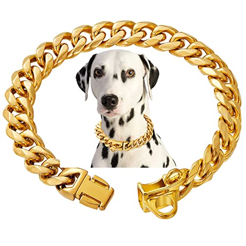 Stainless Steel 18K Gold Dog Collar with Secure Locking Buckle 15MM Cuban Link Chew-Proof Chain for Small Medium & Large Dogs
