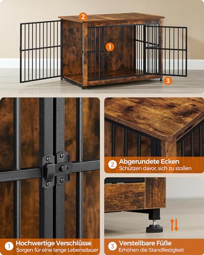 Feandrea Hundekäfig Möbel, Beistelltisch, Hundebox, Moderne Hundehütte Indoor für Hunde bis zu 32 kg, hochbelastbar, geschlossener Boden, Hundehaus 2 Türen, vintagebraun PFC023X01