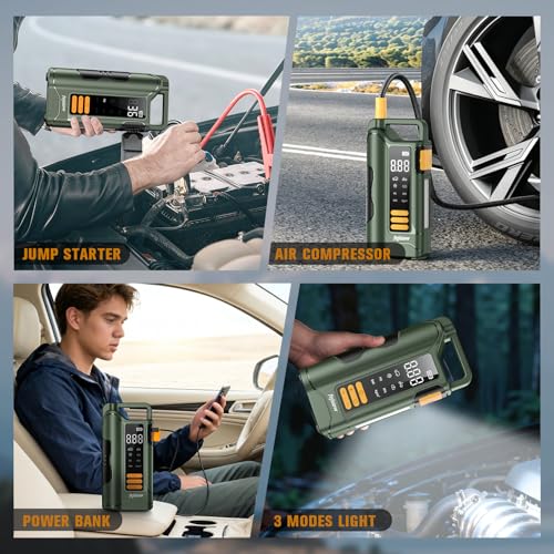 Image of Jump Starter with Air Compressor, 5000A Car Battery Jump Starter, 16000mAh Battery Jumper Starter Portable for 10L Gas /Diesel Engine with 160PSI Booster, LED Display & Light, Jumper Cables