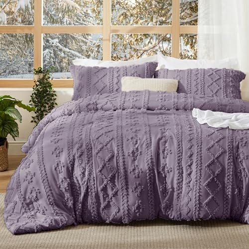Image of Bedsure Tufted Boho Comforter Set Queen Size - Grayish Purple Boho Bed Set, GentleSoft 3 Pieces Farmhouse-Style Embroidery Bedding, Gifts for Woman, Soft Jacquard Kids' Comforter for All Seasons