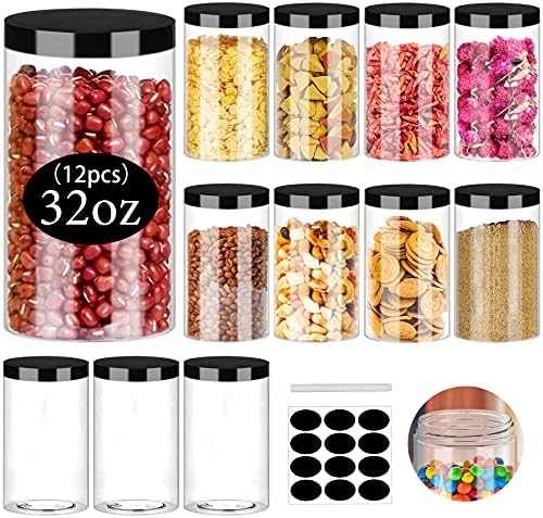 Clear Plastic Jars 32oz 12Pack Big Round PET Plastic Containers with Black Screw On Lids Reusable Empty Storage Jars with Lid Clear Containers Easy Clean for Household and Kitchen Organizing