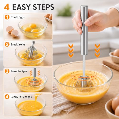 Image of Qukaka Hand mixer egg beater,stainless steel semi automatic whisk,egg spinner,wisking tool,whipped cream dispenser,easy whisks for cooking,Beating&Stirring(12in)