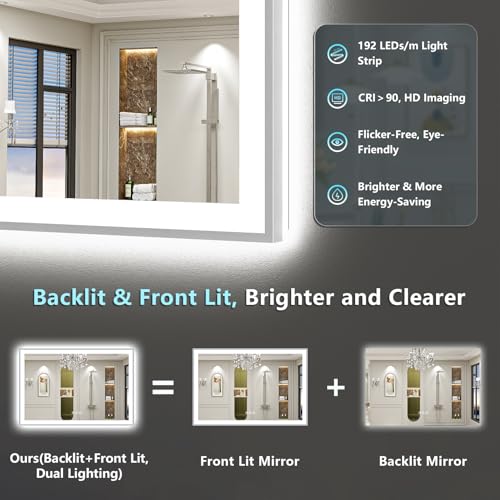 Image of 50x40 Brushed Nickel LED Bathroom Mirror with Lights, Backlit & Front-Lit, Anti-Fog, Framed Lighted Vanity Mirrors for Bathroom Wall, Dimmable, 3 Colors, Memory, Shatter-Proof, Tempered Glass