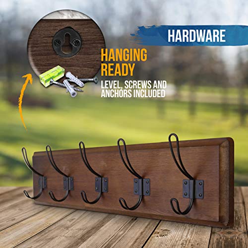 HBCY Creations Dark Wash Brown Rustic Coat Rack Wall Mount with 5 Hooks, Solid Pine Wood 24 inch Wall Hooks for Entryway, Mudroom, Hallway, Bathroom - Vintage Farmhouse Style Wall Mounted Towel Rack - Image 5