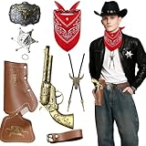 MUNSKT - Juego de 7 piezas para disfraz de vaquero occidental, Bandana Paisley, Holster, cinturón vaquero hombre, corbata Bolo, insignia Sheriff, kit de disfraz para Halloween Cosplay(marrón)