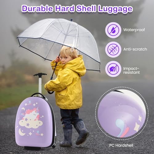 HONEY JOY Kids Luggage, 16” Children Rolling Suitcase w/Wheels & Telescopic Handle, Hard Shell Lightweight Travel Luggage for Toddlers, Carry On Luggage with Wheels for Boys Girls(Purple Unicorn)4
