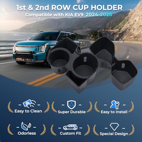 Image of Center Console Cup Holder Inserts for KIA EV9 2026 2025 2024 (Only for Land AWD, GT-Line AWD), Interior Accessories Front & Rear TPE Cup Holders Covers Protector for 2024-2026 EV9, Black