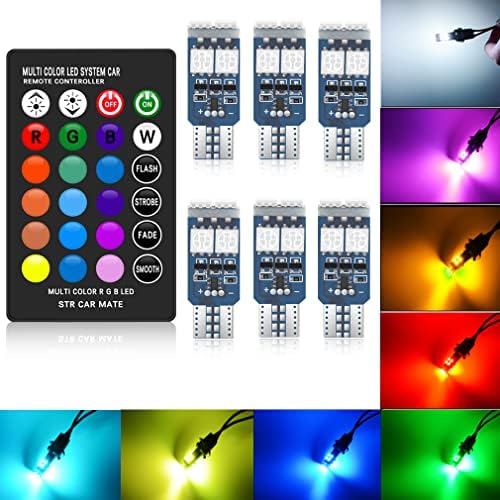 6 Pack 194 LED Bulbs T10 RGB with Remote Control W5W Strobe 5050 Reading Wedge Lights,168 2825 W5W Strobe Light 16 Colors ,Replacement Car Interior/Map/Dome/Door/License Plate Light