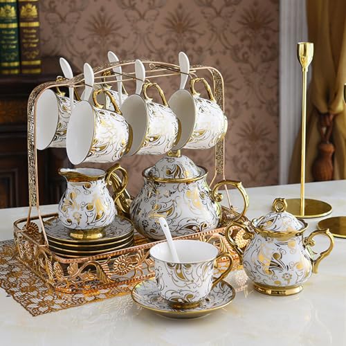 Ceramiczny zestaw filiżanek do kawy, 16-częściowy zestaw do herbaty ze złotą naklejką, zawiera czajniczek, kubki, spodki i cukiernicę na popołudniową herbatę i kawę