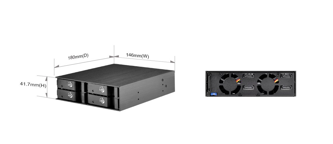 SilverStone SST-FS204B - Boîtier disque dur interne 5.25“ pour SAS/SATA HDD ou SSD 4x 2.5“, en aluminium, sans plateau, échangeable à chaud, avec ventilateur et serrure, noir