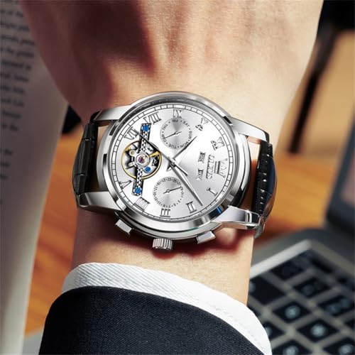 Image of OLEVS Mechanical Dress Mens Watches Square Brown Leather Strap Moon Phase Skeleton Tourbillion Day Date Waterproof Luminous Men's Wrist Watches