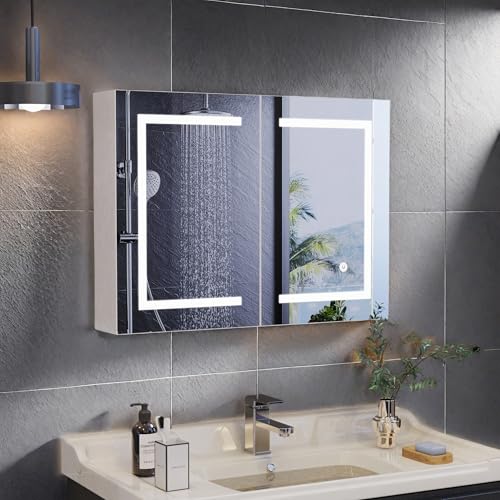 LKPOMI Specchio bagno contenitore con luce, 80 x 13,5 x 60 cm, Mobiletto Specchio Bagno Sospeso con 2 Ante, ripiano regolabile, luminosità regolabile, armadietto specchio bagno (bianco, 80 x 60 cm)