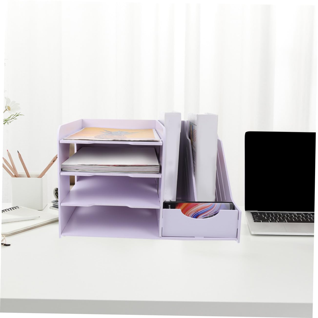 Archivador de plástico de madera de PVC multicapa con múltiples compartimentos, solución de almacenamiento de escritorio para documentos de estudio de oficina y papelería, práctico estante de archivo