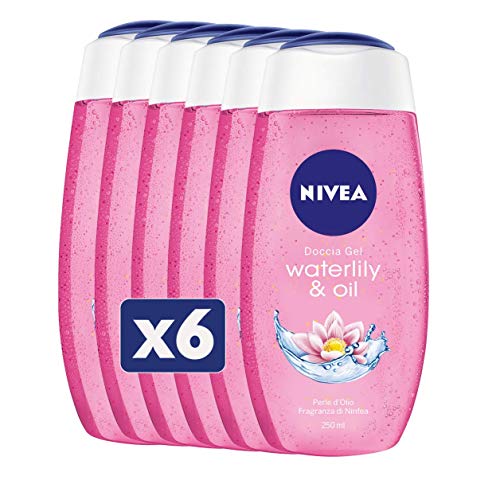 NIVEA - Gel de Ducha Waterlily & Oil - En paquete de 6 botellas de 250 ml cada una - Gel de Ducha fresco y delicado - Fórmula en gel enriquecida con perlas de aceite y aroma de nenúfar
