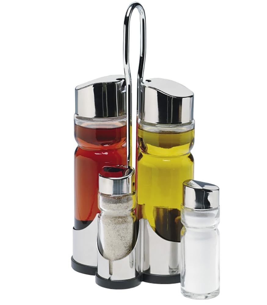 set oliera e acetiera, in vetro e acciaio inox, 4 pezzi