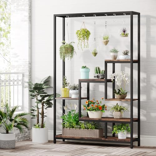 Image of Tribesigns 5-Tier Tall Indoor Plant Stand, 70.9 inches Large Metal Plant Shelf with 6PC S Hanging Hooks, Multi-Purpose Flower Bonsai Pots Display Rack for Indoor, Garden, Balcony, Living Room