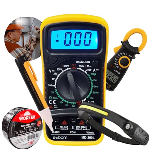 Kit Multímetro Alicate Amperímetro Caneta Com Lanterna Led de Cabeça e Fita Isolante Anti-Chamas