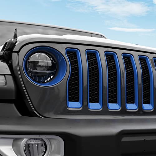 Image of CheroCar for JL Mesh Grille Grill Insert & Headlight Turn Light Cover Trim Exterior Accessories for Jeep Wrangler JL 2018-2023, Blue