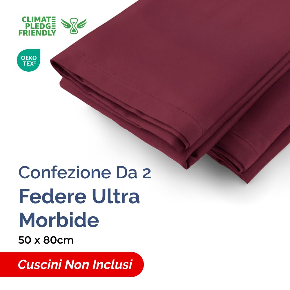 Federa 50x80 Borgogna- Set da 2 - Federe in Microfibra di Alta Qualità - Morbide, Confortevoli e Lavabili in Lavatrice - Federa 50x80 per Cuscini, Set 2 Federe Borgogna - OEKO-TEX Certificato