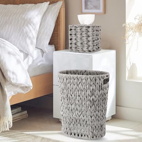 Image of BSSN Wicker Trash Can and Square Tissue Box Cover, 4 Gallon Water Hyacinth Bathroom Trash Can, Handwoven Napkin Holder, Narrow Small Waste Basket, Rustic Decorative Home Set for Bedroom,Office (Grey)