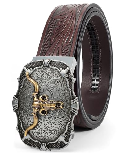 BELTROAD Mens Ratchet Western Belt Leather Cowboy Ratchet Belts for Men Leather Ratchet Belts for Jeans Casual Adjustable Belt for Men with Automatic Cowboy Buckle Men's Christmas Gifts Belts
