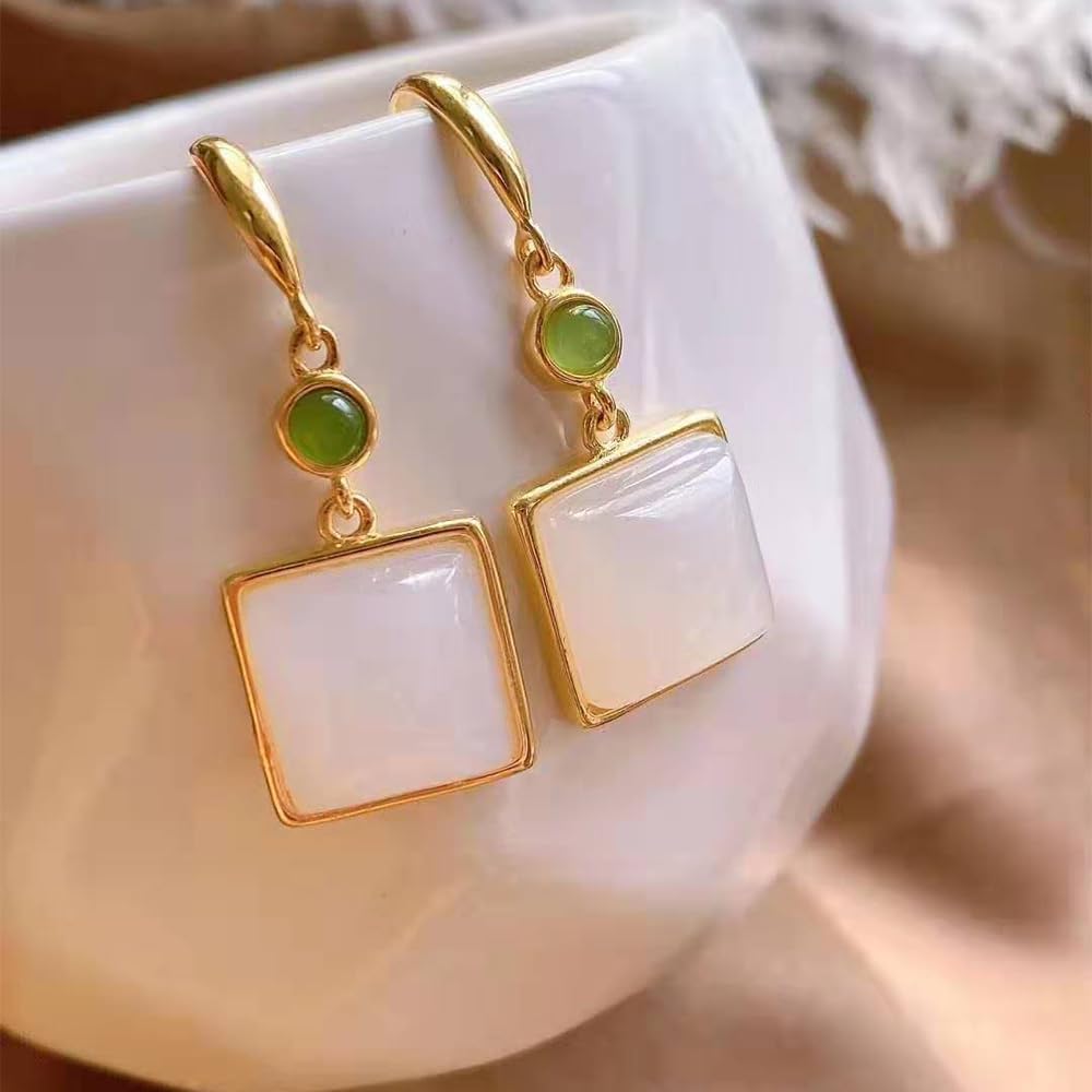 S925 Silver And Gold Plated With Natural White Jade Square Earrings 3 for Women Yoga Genuine