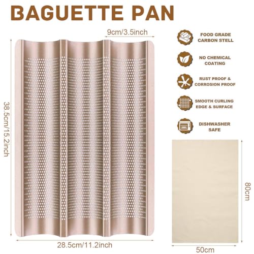 ILSSLI Baguette Pan, French Bread Baking Pan Perforated 3 Loaves Long Italian Bread Pan Mold Nonstick Baguettes Bakery Tray with Proofing Cloth,15"x11" - Thumbnail 2