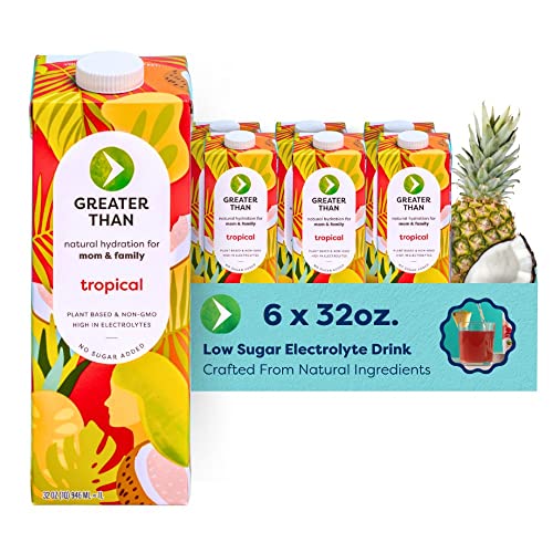 Image of Greater Than - Electrolyte Packed Fruit Infused Coconut Water - All Natural - No Added Sugar. Ditch the powders, packets, artifical colors & flavors - Tropical - 32oz - Pack of 6