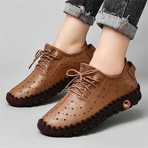 Image of Women'S Hollow Leather Lace Up Flat Loafers,Lightweight Breathable Casual Comfort Non-Slip Walking Shoes Handmade Beef Tendon Soft Sole Mom Nurse Shoes