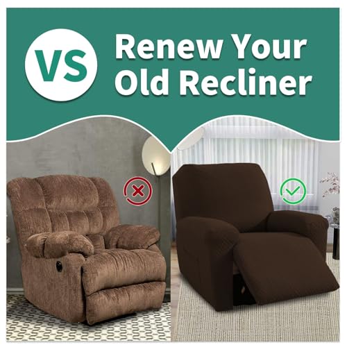 Image of YEMYHOM 4 Pieces Stretch Recliner Slipcover Jacquard Recliner Chair Cover with Side Pocket Anti-Slip Fitted Recliner Cover Couch Furniture Protector with Elastic Bottom (Recliner, Dark Coffee)