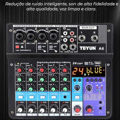 Mesa De Som 6 Canais Profissional Portátil Mixer Bluetooth Interface Gravação Audio Console com plac