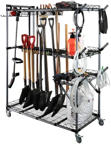 Sturdy garden tool organizer with wheels in a garage setting