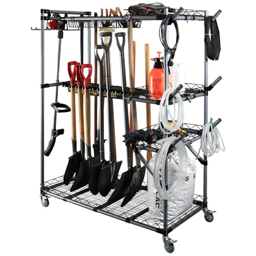 Großer Multifunktionaler Gartengeräteständer aus Metall – Mobiler Aufbewahrungswagen mit Rollen für Garage/Schuppen – Tragkraft 500 Pfund
