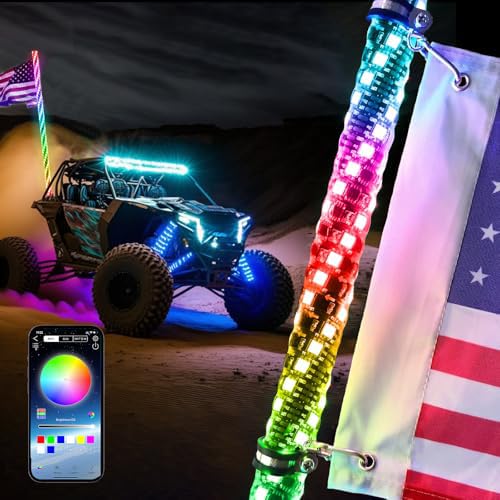 4FT LED Whip Lights for UTV RGB Chasing/Dancing Light Remote Control APP-Supported, 600+ Color Mode Combinations, RGB Chasing Lighted Antenna Whips for UTV, ATV, Truck, Dune Buggy