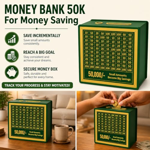 Image of Rupe Trader Wooden Money Saving Box | Cash Saver Money Box with Counting Target | 50,000 Savings Challenge Piggy Bank | Coin & Cash Bank for Boys, Girls and Adult | Durable & Eco-Friendly|