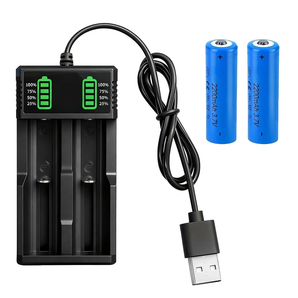 2PCS Piles Rechargeables 3.7V, 2200 MAh | Button-Top Batterie NiMH 2 Slots Chargeur, Batteries Rechargeables pour Lampe Frontale LED,Télécommande,Voiture Télécommandée