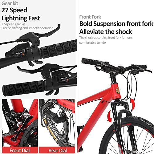 Yirunfa 26 Zoll Jugendfahrrad 27 Gang Mountainbike Speichenrädern MTB Hardtail Fahrrad Mountain Bike Doppelscheibenbremsen, Rahmen aus Aluminiumlegierung, Federgabel – Bild 5