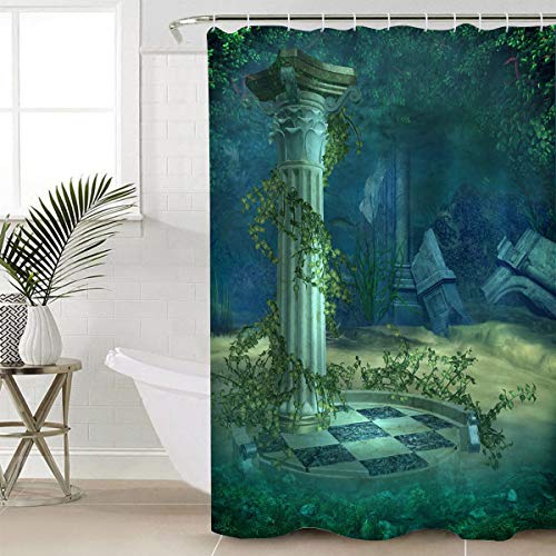 Yogaly Shower Curtain for Bathroom Underwater Temple Ruins Polyester Fabric Shower Curtain with Hooks, Waterproof Bath Curtain, Machine Washable 60"(W) X72(L)