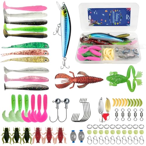 Allony Señuelos de Pesca, 83 Piezas Kit de Pesca Accesorios, Incluye Accesorios, Señuelos, Caja de Aparejos, Anzuelos y Más para Todos los Peces, Apto para Agua Dulce y Salada
