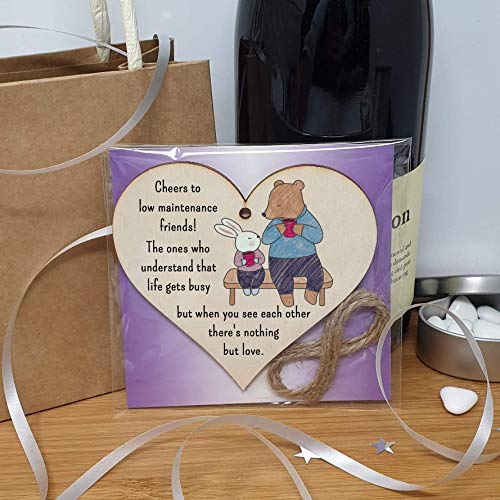 The Plum Penguin Handmade Wooden Hanging Heart Plaque Gift Cheers to low maintenance friends long distance friendship miss you cute wall hanger hand drawn design - Image 3
