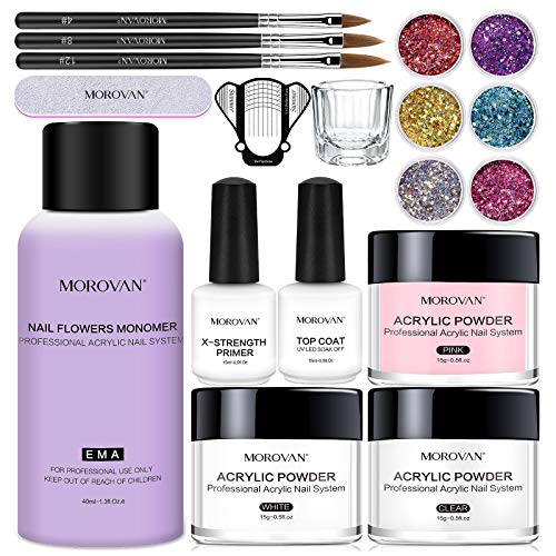 Morovan Acrylic Powder And Liquid Set - 18 In 1 Acrylic Nail Kit Set With Monomer Acrylic Nail Liquid|Top Coat|6 Colors Glitter|3 Acrylic Nail Brush For Professional Beginners Acrylic Nail Extension