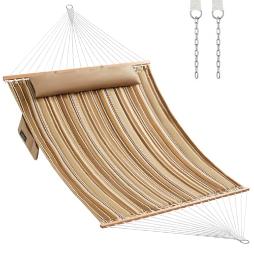 Image of Double Quilted Fabric Hammock with Hardwood Spreader Bars and Pillow 450 LBS Capacity 2 Person Large Hammock for Outdoor Patio Backyard Poolside - Brown Stripe