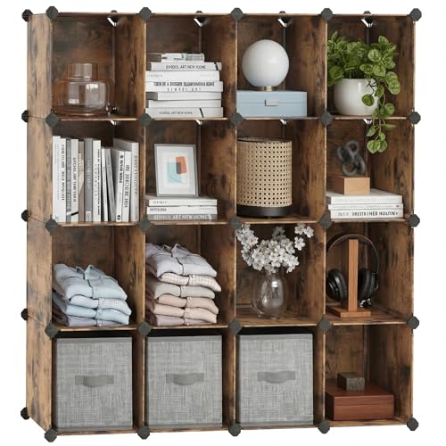 SONGMICS Schuhregal, Regalsystem, Steckregal, Set aus 16 Würfeln, DIY Regal, stapelbar, aus PP-Kunststoff, als Garderobe, für Schlafzimmer, Büro, 31 x 123 x 123 cm, vintagebraun LPC442A01