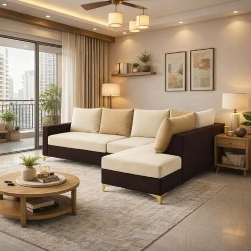 Image of FURNY Gloriss 6 Seater Fabric RHS L Shape Sofa Set with Multi-Color Beige Cushions (Cream-Dark Brown) Premium Velvet Finish with Golden Legs | Ideal for Living Room, Offices