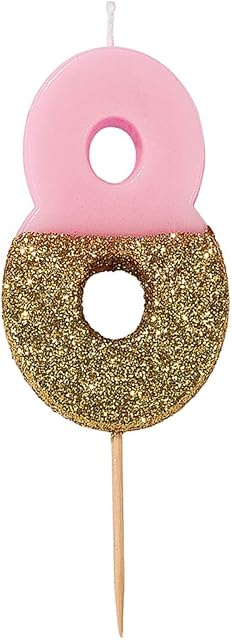 Talking Tables Pink Number 8 Birthday Candle with Gold Glitter | Premium Quality Cake Topper Decoration | Pretty, Sparkly For Kids, Adults, 18th, 80th Birthday Party, Anniversary, Milestone Age