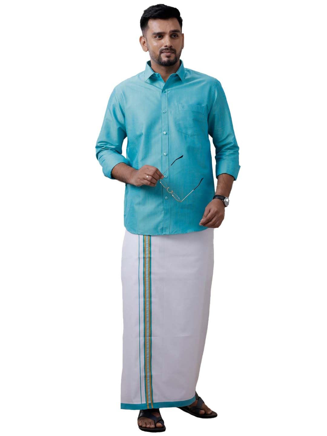 RAMRAJ traditional cotton solid full sleeve shirt and matching fancy border dhoti for men