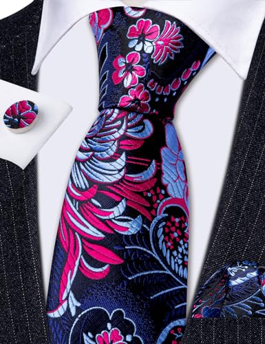 Image of Barry.Wang Flower Ties for Men Silk Woven Floral Tie Sets Necktie Handkerchief Cufflinks Wedding Party