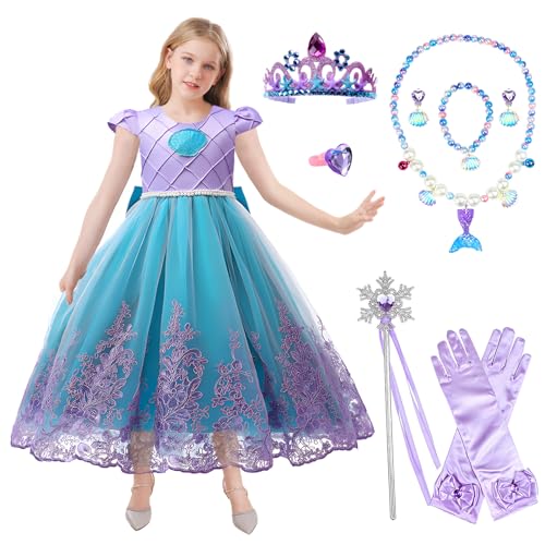 Ansamy Vestido de Princesa Sirena Disfraz Niña Princesa Sirena, Accesorios con Varita Collar...
