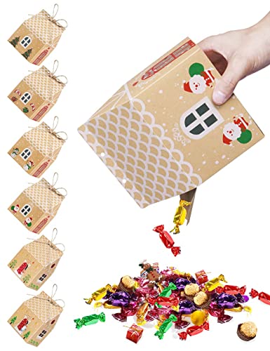 Wohohoho 18Pcs 6 Patterns Upgrade Larger Christmas Party Boxes (12 x 8 x 16 cm), Premium Kraft Paper Candy Gift Boxes, Gift Bags with 10m Hemp Ropes for Christmas New Year themed Party Decorations